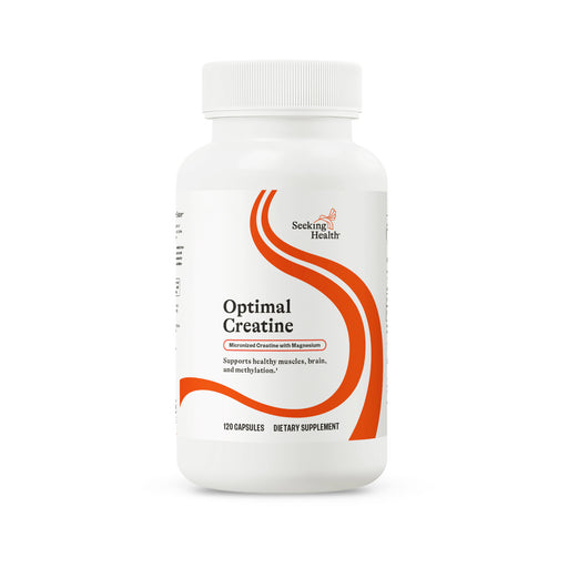 Supplement bottle labeled 'Optimal Creatine' on a white background