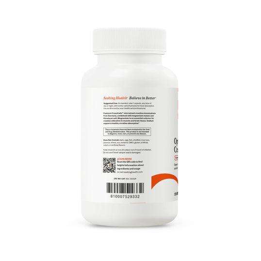 Supplement bottle with label and QR code on a white background