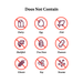 Allergen-free icons with symbols for dairy, egg, fish, shellfish, tree nuts, peanuts, gluten, soy, and sesame on a white background.