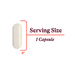 Illustration of a capsule with text indicating 'Serving Size 1 Capsule' and measurement '0.9”'.