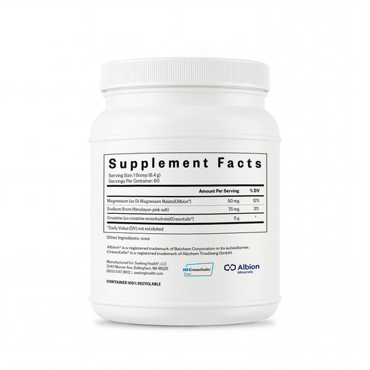 White supplement container with label on a white background