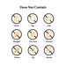 Allergen-free icons with labels for dairy, egg, fish, shellfish, tree nuts, peanuts, gluten, soy, and sesame on a white background.