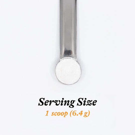 Metal scoop with text indicating serving size on a white background