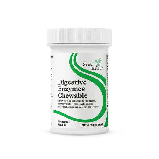 Supplement bottle labeled 'Digestive Enzymes Chewable' by Seeking Health on a white background