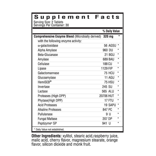 Digestive Enzymes Chewable Supplement Facts Panel
