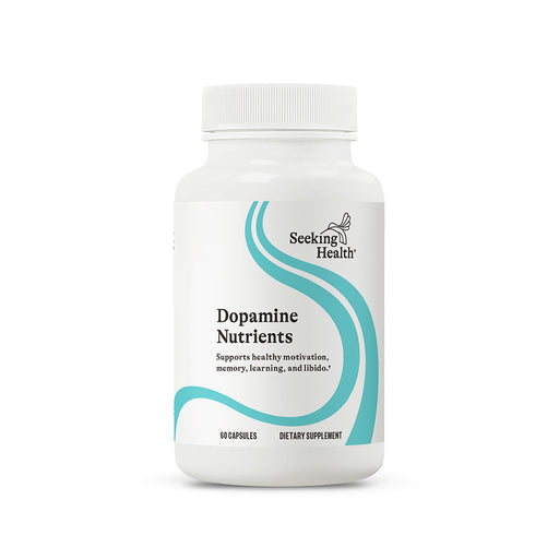 Supplement bottle labeled 'Dopamine Nutrients' by Seeking Health on a white background
