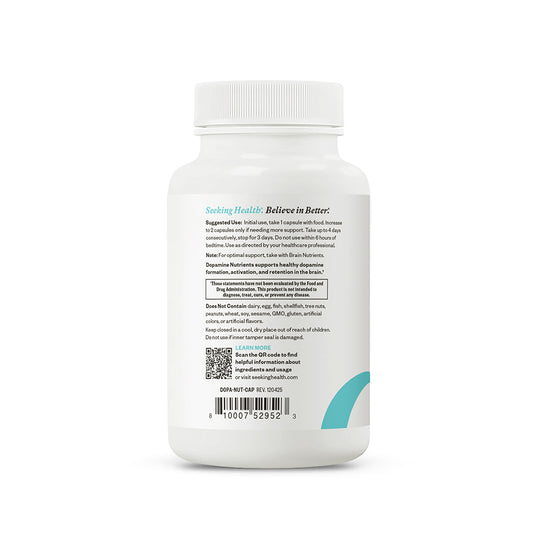 Back label of a supplement bottle on a white background