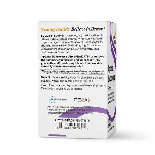 Box of Optimal Electrolytes with purple and white design on a white background