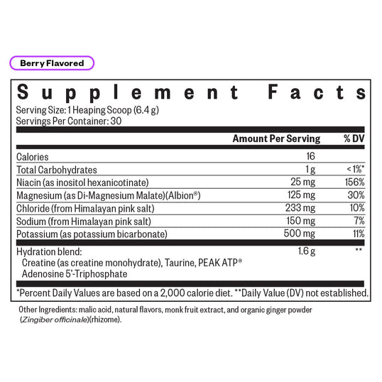 Supplement facts label for a berry flavored product on a white background