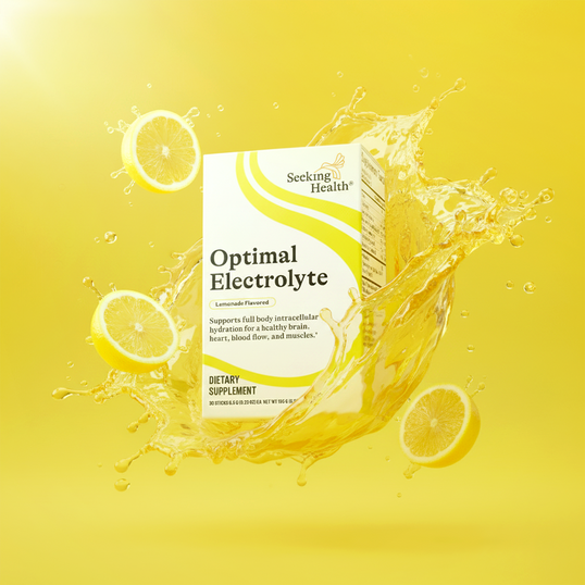 Optimal Electrolyte supplement box with lemon slices on a yellow background