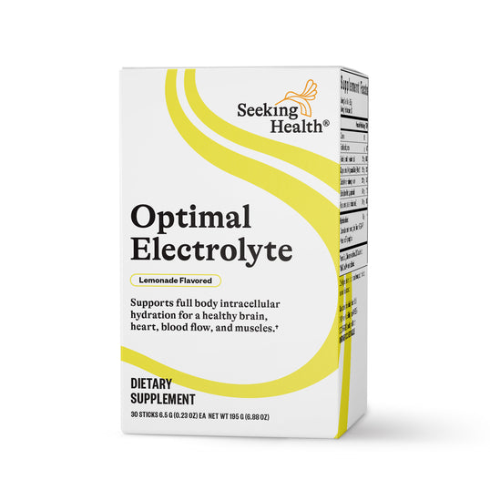 Box of Seeking Health Optimal Electrolyte supplement on a white background