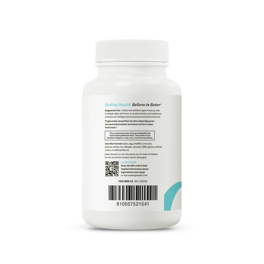 A white plastic bottle of dietary supplements shown from the back, featuring a white cap, a barcode, and a small teal graphic accent on a clean white background.