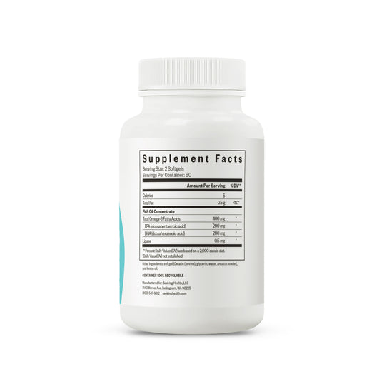 A white plastic bottle of dietary supplements shown from the back, displaying the Supplement Facts label on a clean white background.