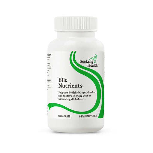 Supplement bottle labeled 'Bile Nutrients' by Seeking Health on a white background