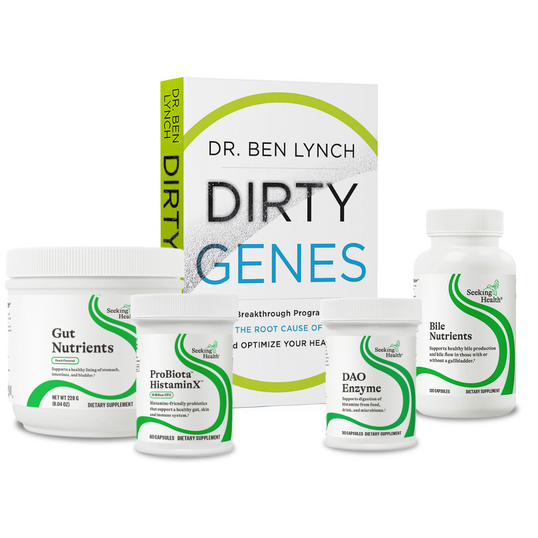 Supplement products including 'DIRTY GENES' and 'Gut Nutrients' by Dr. Ben Lynch on a white background.