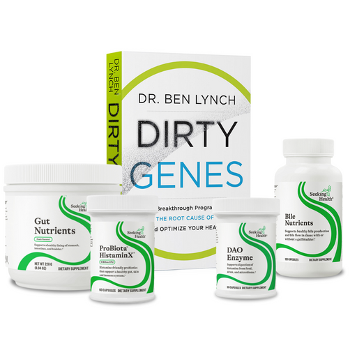 Supplement products including 'DIRTY GENES' and 'Gut Nutrients' by Dr. Ben Lynch on a white background.