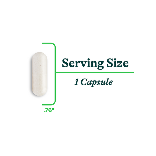 White capsule with text indicating 'Serving Size 1 Capsule' on a white background for DAO Enzyme
