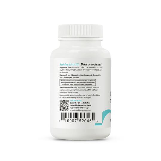 Bottle label with text and a QR code on a white background