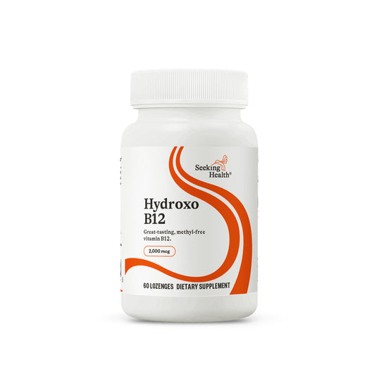 Supplement bottle labeled 'Hydroxo B12' by Seeking Health on a white background