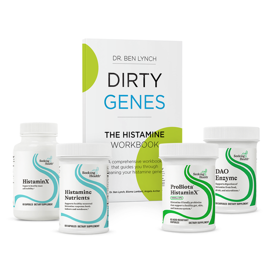 Supplement products and 'Dirty Genes' workbook by Dr. Ben Lynch on a white background