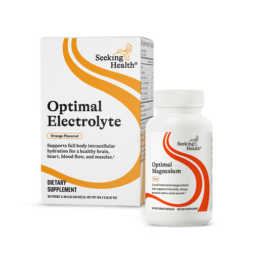 Seeking Health Optimal Electrolyte and Optimal Magnesium dietary supplement packaging on a white background | Unflavored / 6 Pack