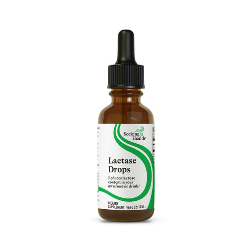 Bottle of Lactase Drops with a white label on a white background