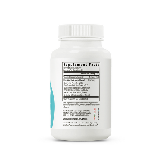 A white plastic bottle of Swearing Health supplement capsules, shown from the back to display the black Supplement Facts label with a light blue accent stripe.