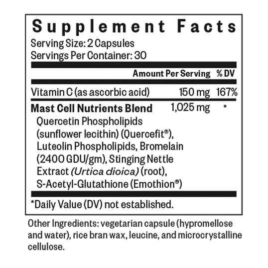 A black and white Supplement Facts label for Mast Cell Nutrients Blend, showing serving size, servings per container, listed nutrients with percentages, and other ingredients at the bottom.
