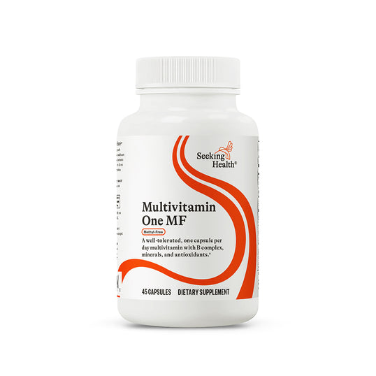Multivitamin supplement bottle labeled 'Seeking Health' on a white background