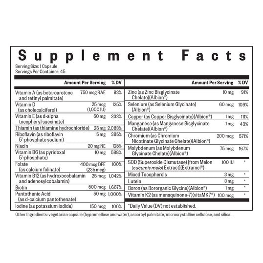 Supplement facts label with detailed nutritional information on a white background