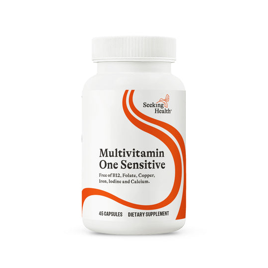 Multivitamin One Sensitive supplement bottle with Seeking Health label on a white background