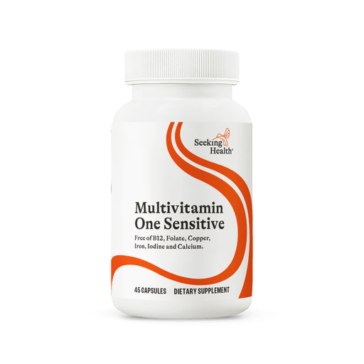 Multivitamin One Sensitive supplement bottle with Seeking Health label on a white background
