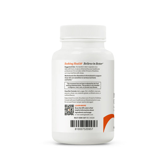 Back label of a supplement bottle with text and a barcode on a white background