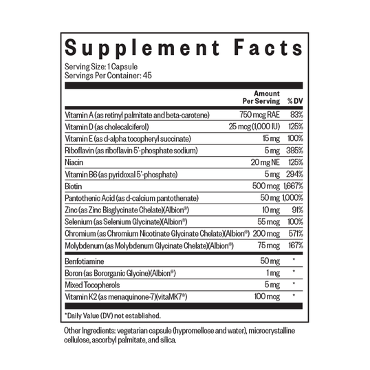 Supplement facts label with detailed nutritional information on a white background