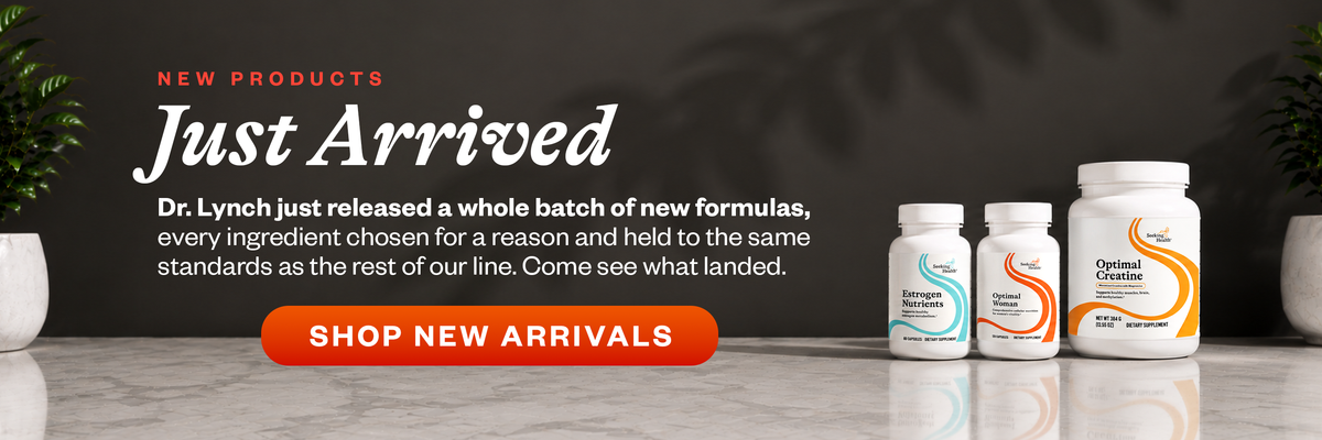 Beverage bottles with a promotional banner for new product arrivals on a dark background.