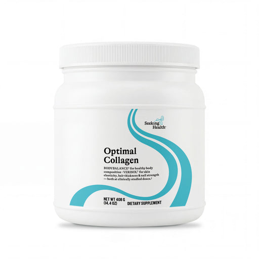 Container of Optimal Collagen supplement with Seeking Health branding on a white background
