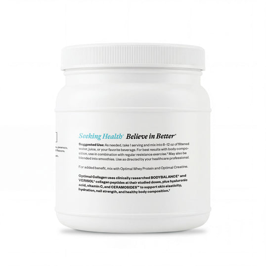 White supplement container with text on a white background