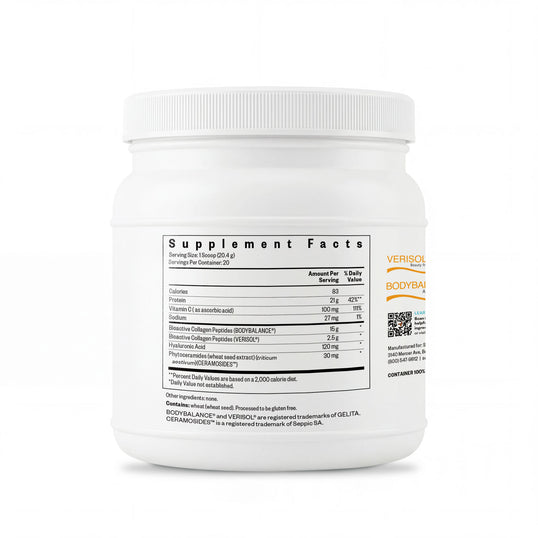 White supplement container with label on a white background