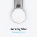 Metallic scoop with a small amount of powder on a white background, displaying 'Serving Size 1 scoop (20.4 g)'.