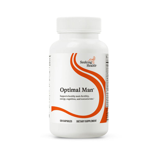 A white plastic bottle of Seeking Health Optimal Man dietary supplement with a white cap, featuring a white label with orange wavy lines and black text.