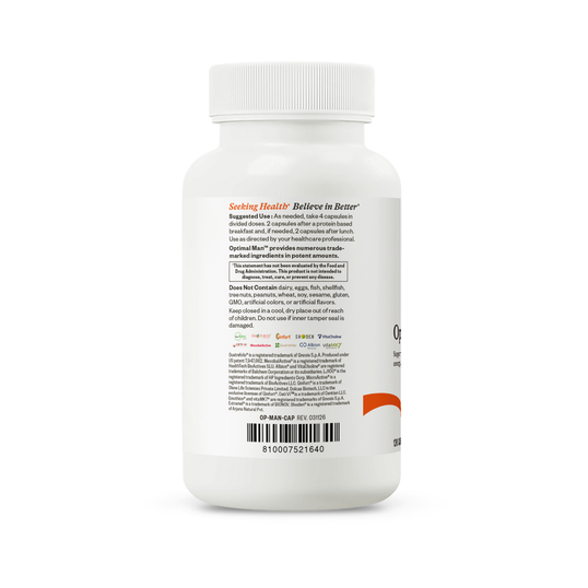 A white plastic supplement bottle shown from the back on a clean white background, displaying the detailed product label with text and a barcode.