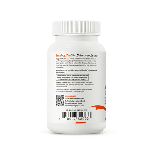 Back label of a supplement container with text and a QR code on a white background
