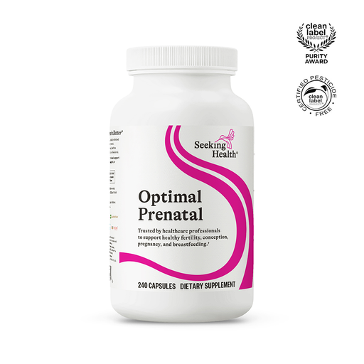 Supplement bottle labeled 'Optimal Prenatal' by Seeking Health on a white background