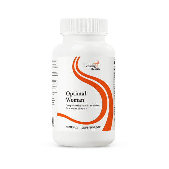 Supplement bottle labeled 'Optimal Woman' by Seeking Health on a white background