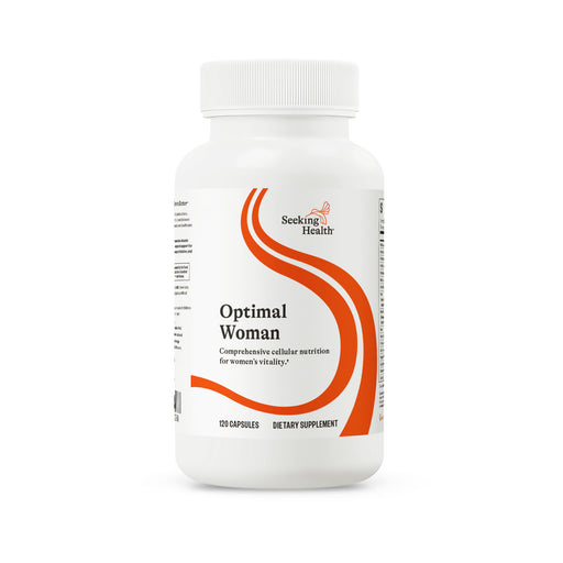 Supplement bottle labeled 'Optimal Woman' by Seeking Health on a white background