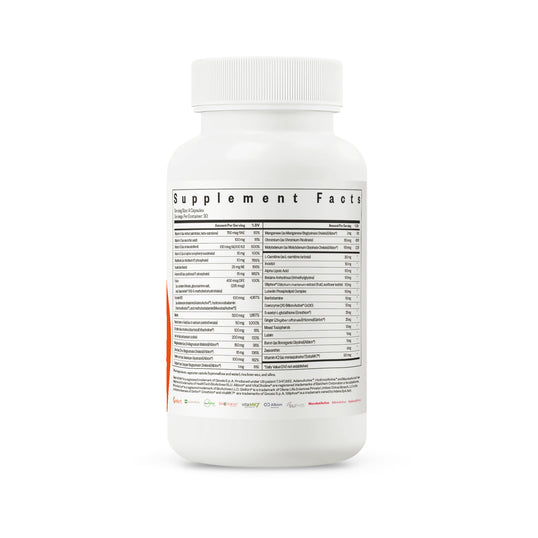 Supplement bottle with nutritional information on a white background