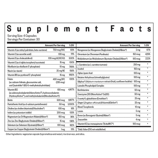 Supplement facts label with detailed nutritional information on a white background