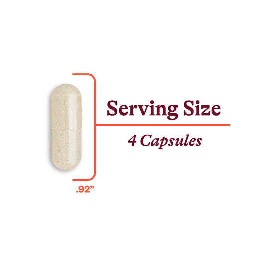 Illustration of a capsule with text indicating 'Serving Size 4 Capsules' and '0.92”'.