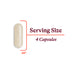 Illustration of a capsule with text indicating 'Serving Size 4 Capsules' and '0.92”'.