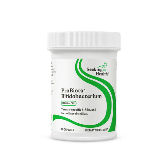 Supplement bottle labeled 'ProBiota Bifidobacterium' by Seeking Health on a white background